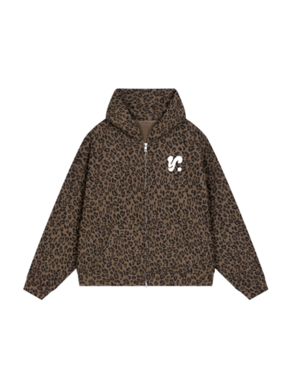 Leopard Print Waffle Full-Zip Hoodie